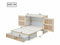 ModernLuxe Cama abatible 140 x 200 cm - con 2 cajones - con somier de láminas - natural​ (colchón no incluido)