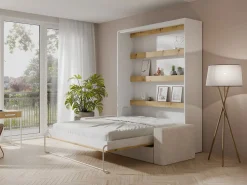 Vente-unique Cama abatible 140 x 190 cm apertura vertical leds blanco y natural + sofá - RAPILI Color natural claro / Blanco
