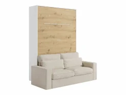 Vente-unique Cama abatible 140 x 190 cm apertura vertical leds blanco y natural + sofá - RAPILI Color natural claro / Blanco