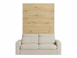 Vente-unique Cama abatible 140 x 190 cm apertura vertical leds blanco y natural + sofá - RAPILI Color natural claro / Blanco