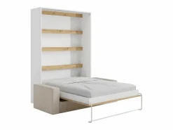 Vente-unique Cama abatible 140 x 190 cm apertura vertical leds blanco y natural + sofá - RAPILI Color natural claro / Blanco