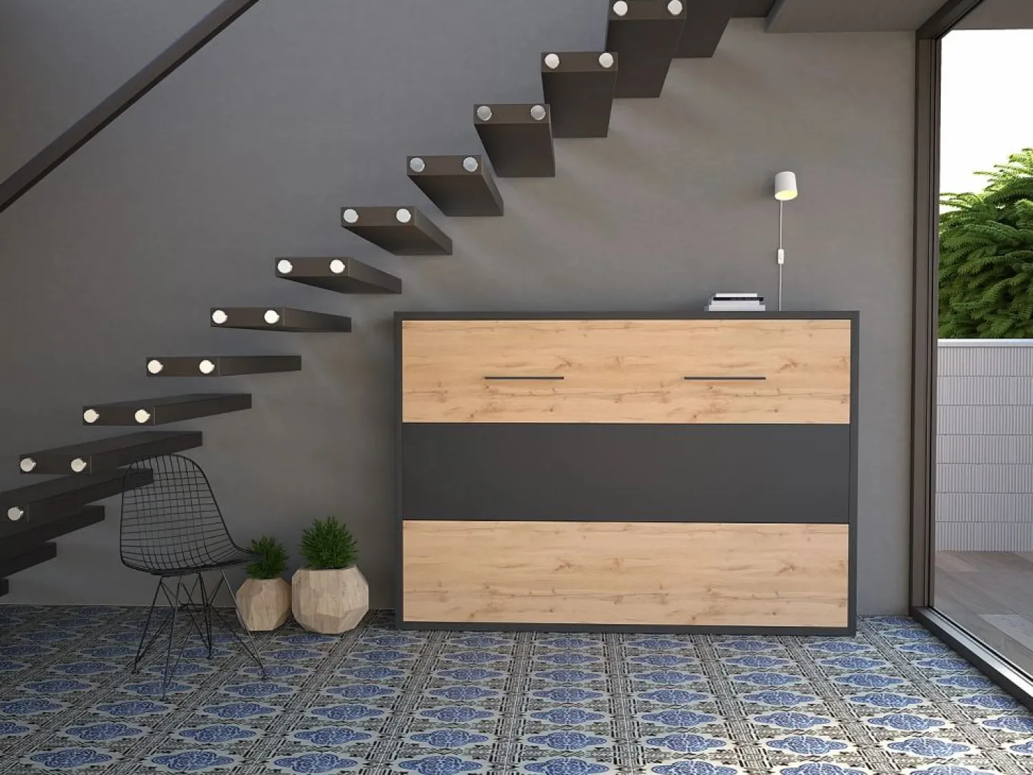 Discount Cama abatible 140 x 200 cm apertura horizontal antracita y natural - MALINA II Cama Abatible