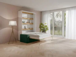 Hot Vente-unique Cama abatible 140 x 200 cm con leds blanco y natural + colchón + sofá verde - RAPILI Verde pino / Color natural claro / Blanco