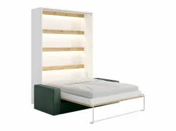 Hot Vente-unique Cama abatible 140 x 200 cm con leds blanco y natural + colchón + sofá verde - RAPILI Verde pino / Color natural claro / Blanco