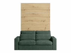 Hot Vente-unique Cama abatible 140 x 200 cm con leds blanco y natural + colchón + sofá verde - RAPILI Verde pino / Color natural claro / Blanco
