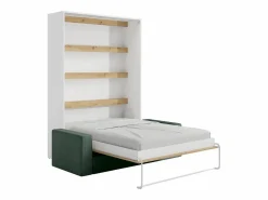 Hot Vente-unique Cama abatible 140 x 200 cm con leds blanco y natural + colchón + sofá verde - RAPILI Verde pino / Color natural claro / Blanco
