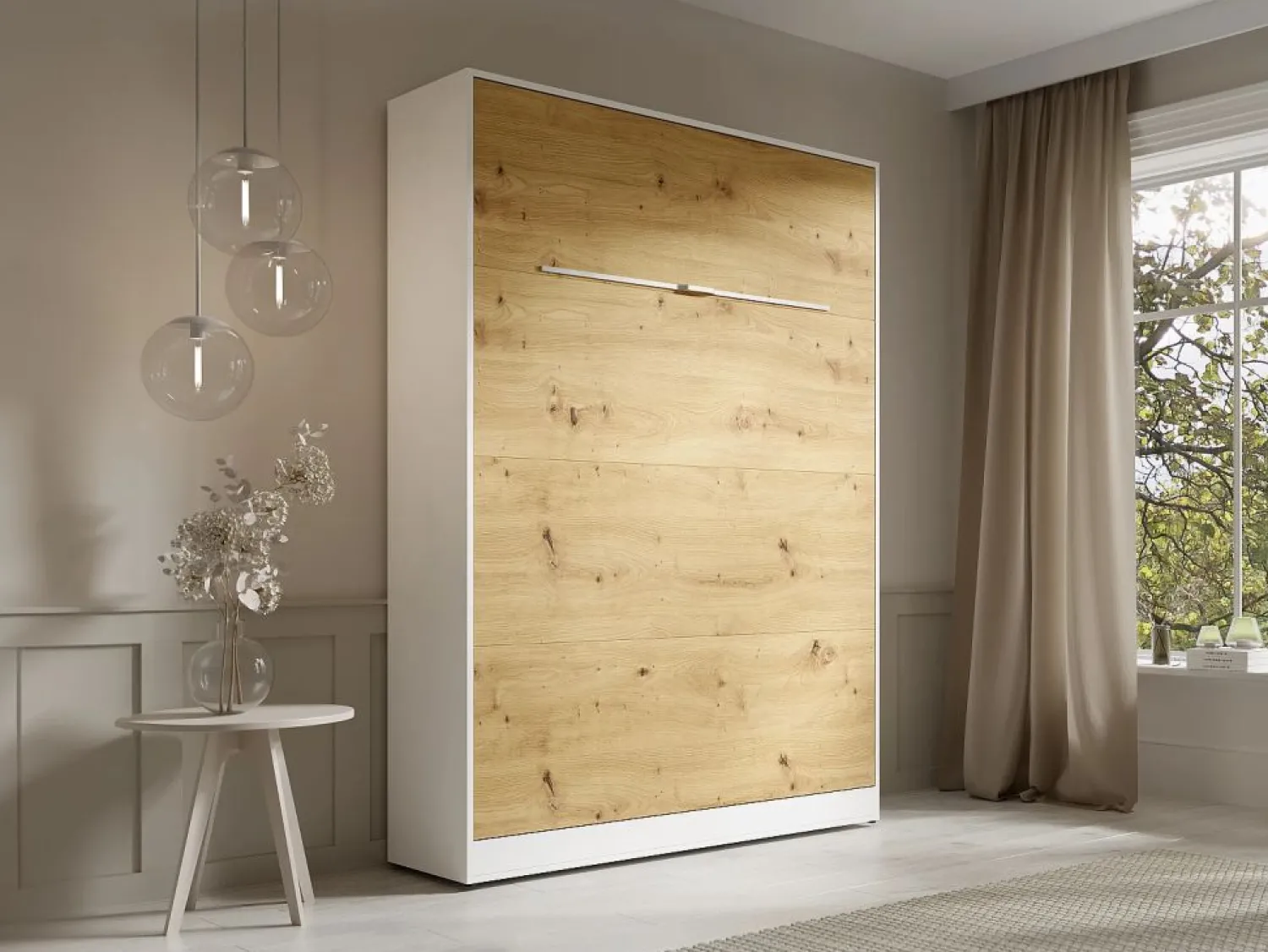 Discount Cama abatible de 140 x 200 cm apertura vertical leds blanco y natural + colchón - RAPILI Cama Abatible|Cama Con Almacenaje