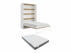 Discount Cama abatible de 140 x 200 cm apertura vertical leds blanco y natural + colchón - RAPILI Cama Abatible|Cama Con Almacenaje