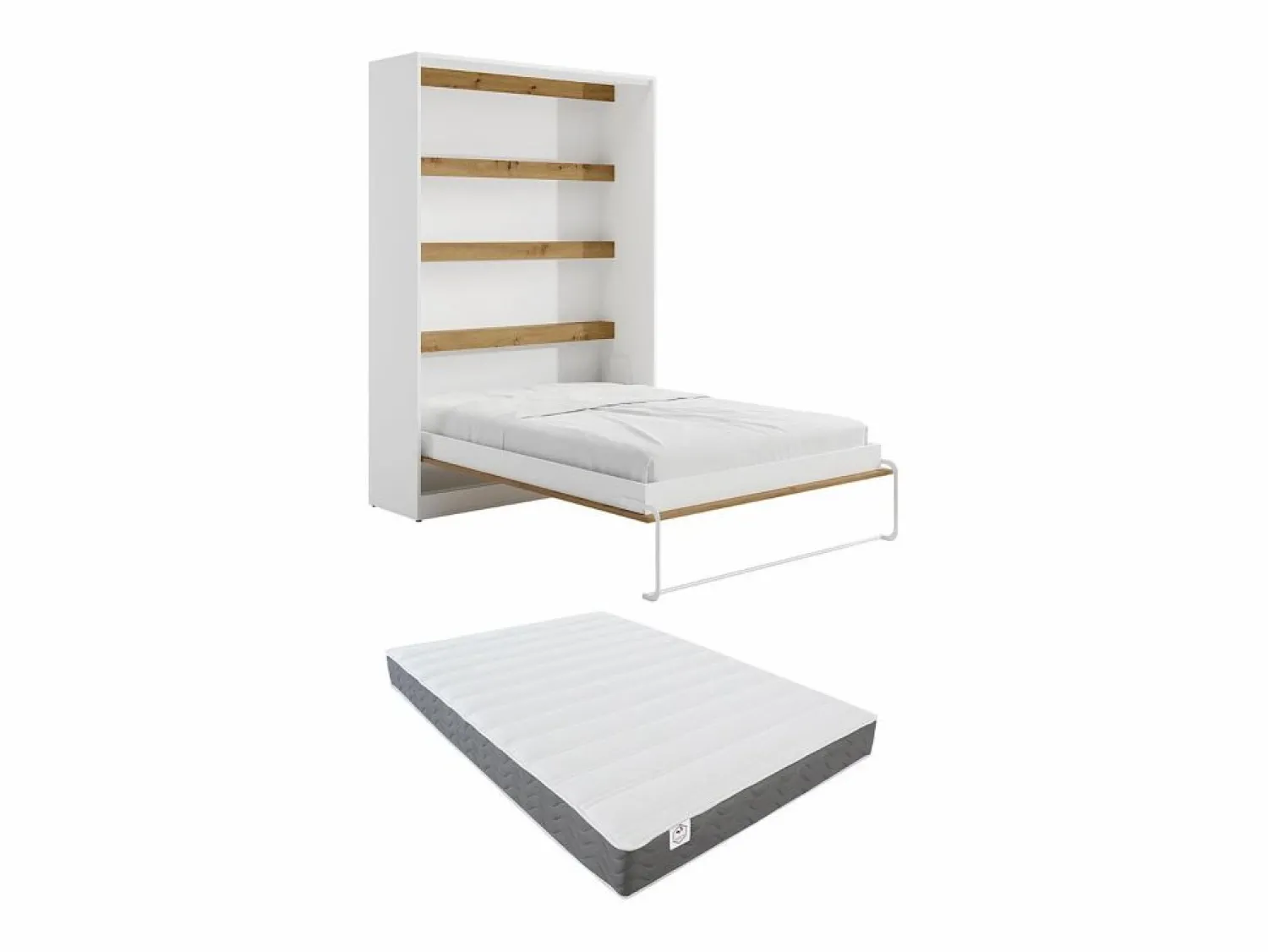 Discount Cama abatible de 140 x 200 cm apertura vertical leds blanco y natural + colchón - RAPILI Cama Abatible|Cama Con Almacenaje