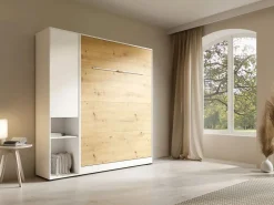 Clearance Cama abatible vertical 140 x 200 cm blanco y natural 1 armario - RAPILI Cama Abatible