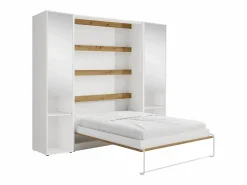 Vente-unique Cama abatible vertical 140 x 200 cm blanco y natural 2 armarios con espejo - RAPILI