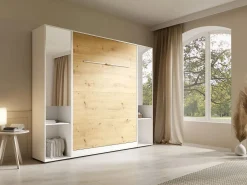 Vente-unique Cama abatible vertical 140 x 200 cm blanco y natural 2 armarios + espejo + colchón - RAPILI
