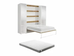Vente-unique Cama abatible vertical 140 x 200 cm blanco y natural 2 armarios + espejo + colchón - RAPILI