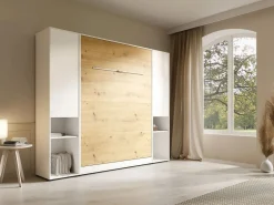Vente-unique Cama abatible vertical 140 x 200 cm blanca y natural 2 armarios + colchón - RAPILI