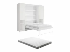 Clearance Vente-unique Cama abatible vertical 140 x 200 cm 2 armarios + colchón - RAPILI Blanco