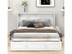 New DripeX Cama abatible 140x200 cm - Con cajones y 2 estantes - Pino + MDF - Carga máx. 204 kg - Blanco