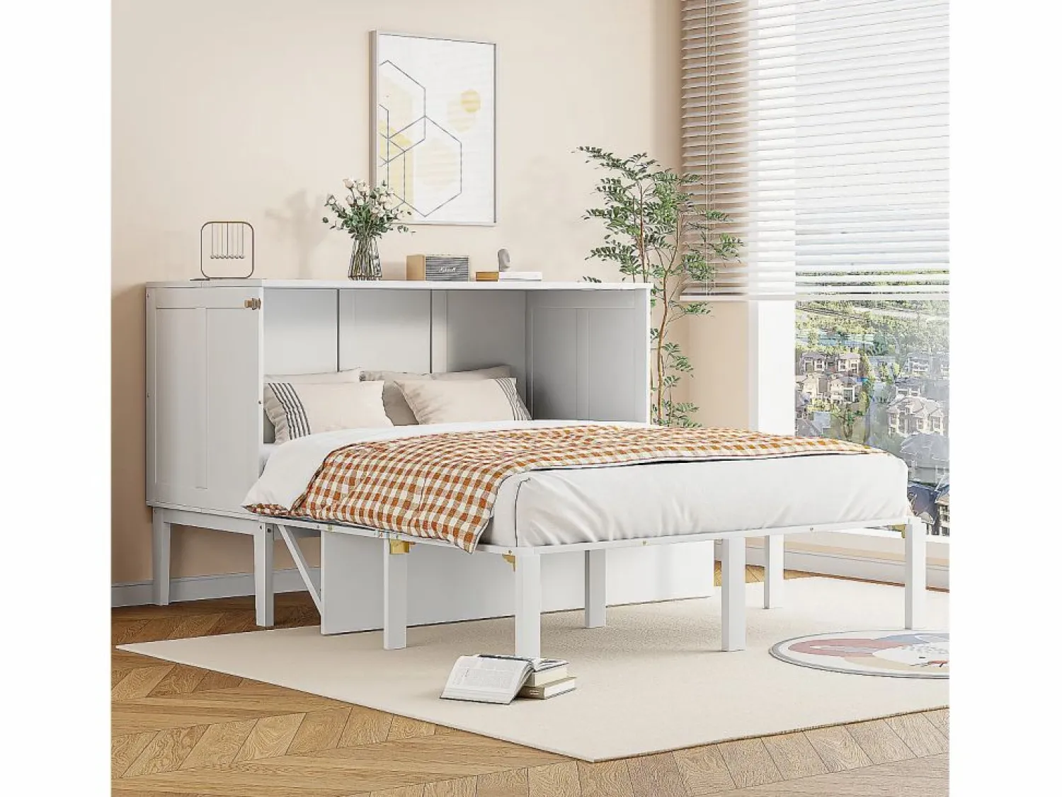 Outlet Hauss Spole Cama abatible 140x200 cm, con somier - Cama niño/adulto - Madera blanca Blanco