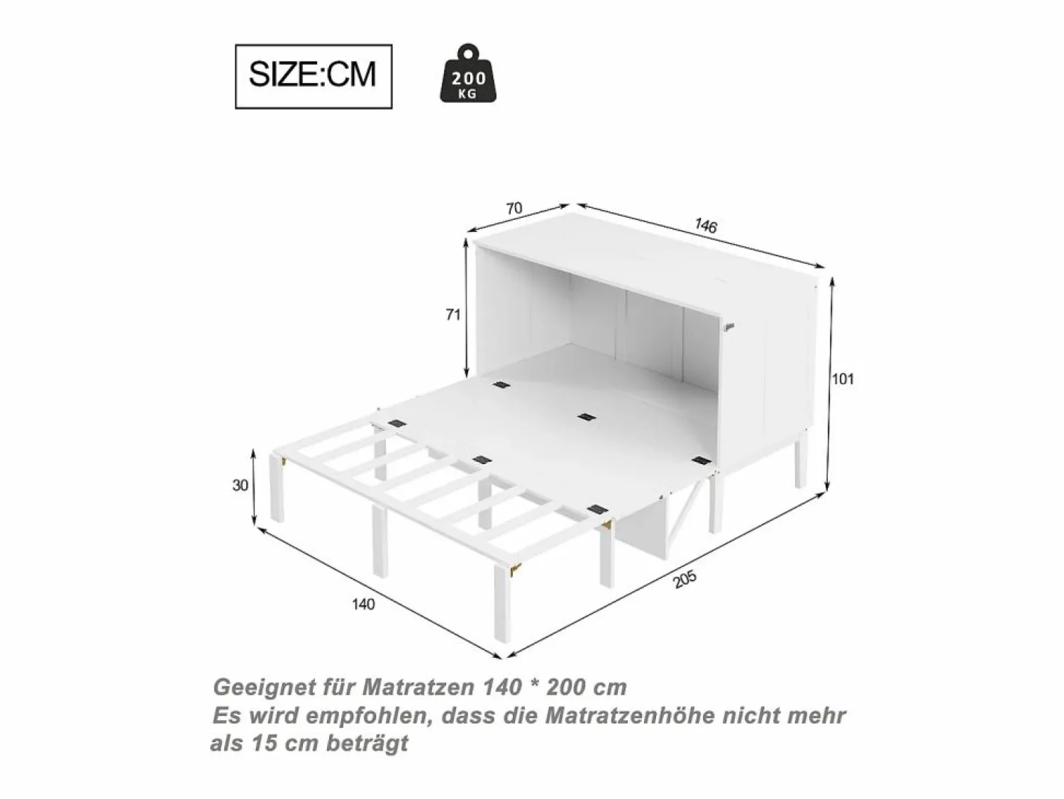 Outlet Hauss Spole Cama abatible 140x200 cm, con somier - Cama niño/adulto - Madera blanca Blanco