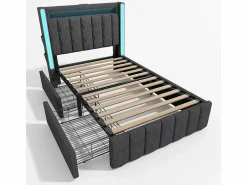 Discount DripeX Cama acolchada 90x200 cm con 2 cajones, LED + Enchufes USB + Type C, Tela de lino - (sin colchón) Gris