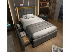 Discount DripeX Cama acolchada 90x200 cm con 2 cajones, LED + Enchufes USB + Type C, Tela de lino - (sin colchón) Gris