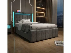 Discount DripeX Cama acolchada 90x200 cm con 2 cajones, LED + Enchufes USB + Type C, Tela de lino - (sin colchón) Gris