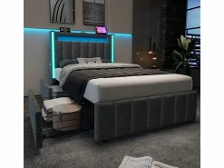 Discount DripeX Cama acolchada 90x200 cm con 2 cajones, LED + Enchufes USB + Type C, Tela de lino - (sin colchón) Gris