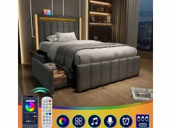 Discount DripeX Cama acolchada 90x200 cm con 2 cajones, LED + Enchufes USB + Type C, Tela de lino - (sin colchón) Gris