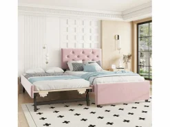 Hauss Spole Cama acolchada 90x200 cm en terciopelo con cama nido 90x190 cm, somier de lamas, cama infantil , sin colchón Rosa