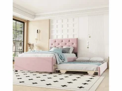 Hauss Spole Cama acolchada 90x200 cm en terciopelo con cama nido 90x190 cm, somier de lamas, cama infantil , sin colchón Rosa