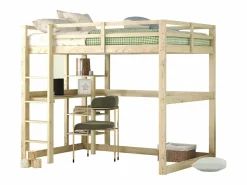 Cama alta - 140 x 200 cm - con escritorio y estantería - pino - color natural Cama Alta