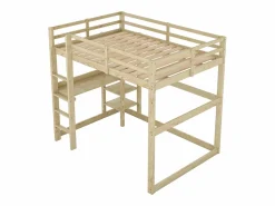 Cama alta - 140 x 200 cm - con escritorio y estantería - pino - color natural Cama Alta