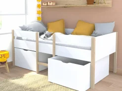 Best Vente-unique Cama alta 2 cajones 90 x 190 cm y roble SISSY Blanco