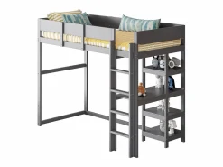 Discount Cama alta 90 x 200 cm - con escalera - con estantes de almacenamiento - madera maciza - con somier de láminas - (colchón no incluido) Cama Alta