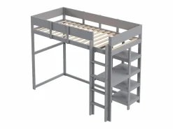 Discount Cama alta 90 x 200 cm - con escalera - con estantes de almacenamiento - madera maciza - con somier de láminas - (colchón no incluido) Cama Alta
