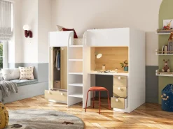 Outlet Vente-unique Cama alta 90 x 190 cm con armario y escritorio en color blanco y natural - CINAMO Color natural claro / Blanco