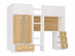 Outlet Vente-unique Cama alta 90 x 190 cm con armario y escritorio en color blanco y natural - CINAMO Color natural claro / Blanco