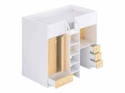Outlet Vente-unique Cama alta 90 x 190 cm con armario y escritorio en color blanco y natural - CINAMO Color natural claro / Blanco