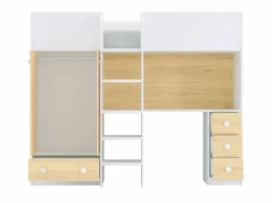 Outlet Vente-unique Cama alta 90 x 190 cm con armario y escritorio en color blanco y natural - CINAMO Color natural claro / Blanco