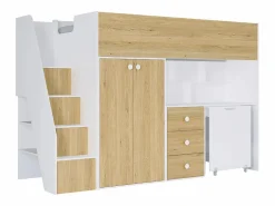 Discount Vente-unique Cama alta 90 x 190 cm con armario y escritorio en blanco y natural + colchón - LANILATO Color natural claro / Blanco