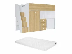 Discount Vente-unique Cama alta 90 x 190 cm con armario y escritorio en blanco y natural + colchón - LANILATO Color natural claro / Blanco