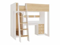 Clearance Vente-unique cama alta 90 x 190 cm con armario y escritorio colores natural y blanco + colchón - ALVENOU Color natural claro / Blanco