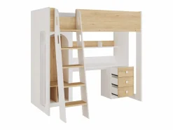 Clearance Vente-unique cama alta 90 x 190 cm con armario y escritorio colores natural y blanco + colchón - ALVENOU Color natural claro / Blanco