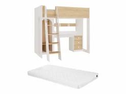 Clearance Vente-unique cama alta 90 x 190 cm con armario y escritorio colores natural y blanco + colchón - ALVENOU Color natural claro / Blanco