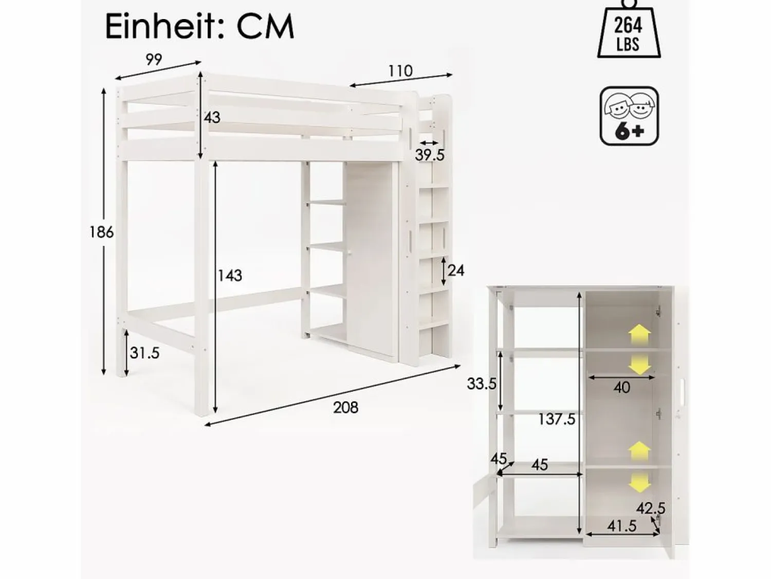 Online Cama alta 90 x 200 cm con armario y 6 estantes - Tablero de partículas + MDF - (sin colchón) Cama Alta|Cama Infantil