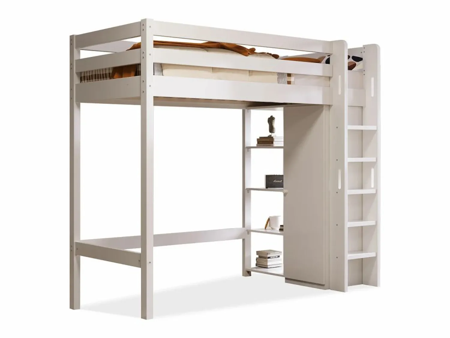 Online Cama alta 90 x 200 cm con armario y 6 estantes - Tablero de partículas + MDF - (sin colchón) Cama Alta|Cama Infantil
