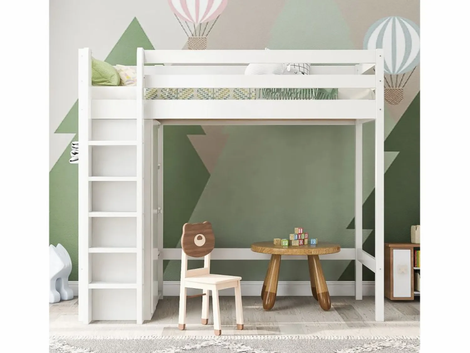 Online Cama alta 90 x 200 cm con armario y 6 estantes - Tablero de partículas + MDF - (sin colchón) Cama Alta|Cama Infantil
