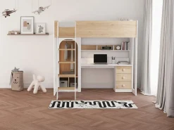 Vente-unique cama alta 90 x 190 cm con armario y escritorio color natural y blanco - ALVENOU