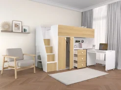 Vente-unique Cama alta 90 x 190 cm con armario y escritorio en color blanco y natural - LANILATO
