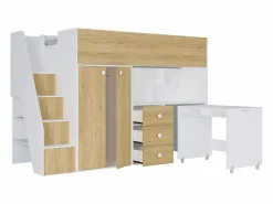 Vente-unique Cama alta 90 x 190 cm con armario y escritorio en color blanco y natural - LANILATO