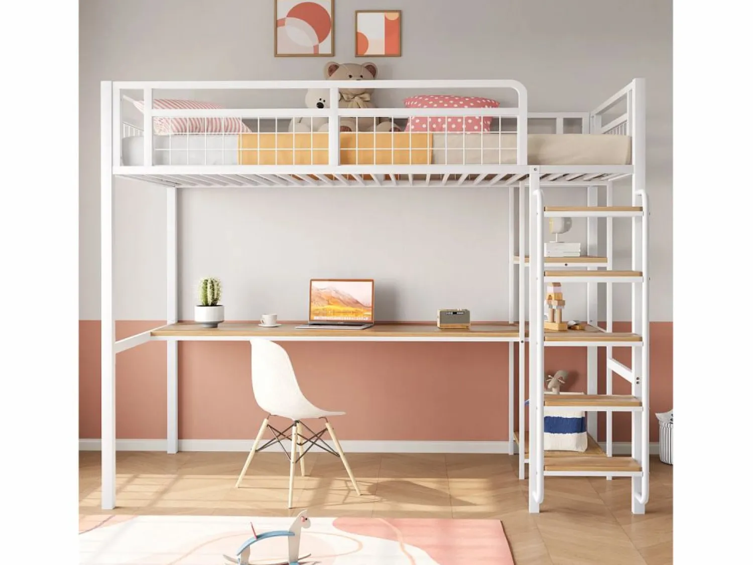 Hot Merax Cama alta 90 x 200 cm con escritorio y estantes de almacenaje - Metal y MDF - para niños - Blanco